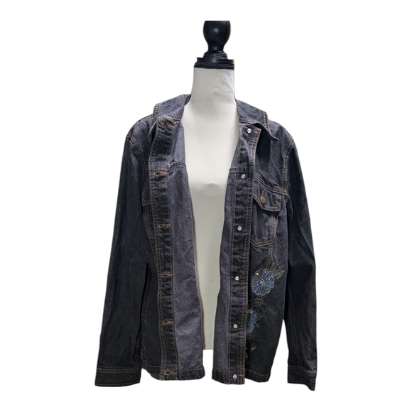 Denim&Co Jackets & Blazers - Denim&Co Dark Jean Jacket with Blue Embroidery